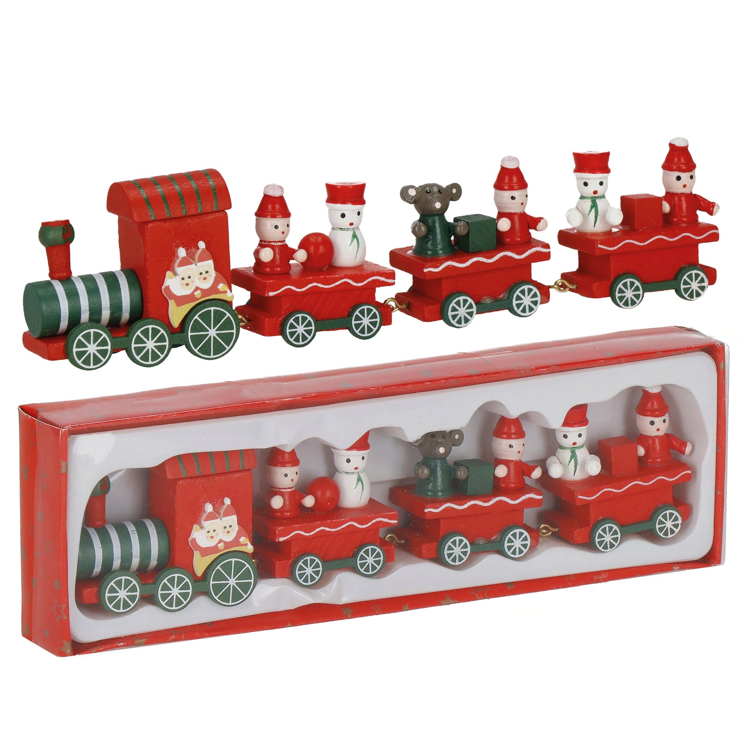SPRINGOS Red Christmas Mini Wooden Train With Wagons. For Tabletop Ornament, Decoration, and Stocking Gifts. 2 Inches(5 cm) High, 8 Inches(21 cm) Long.