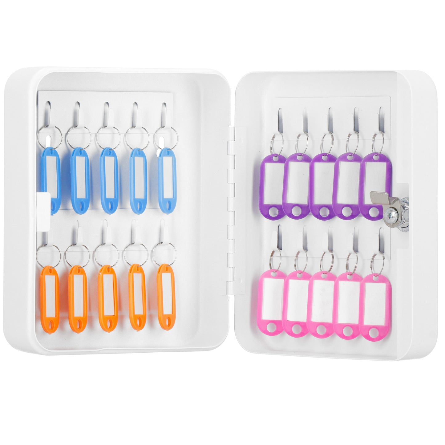 SPRINGOS® Key Box with 20 Keychains – Steel Wall-Mounted Organizer with Lock & Numbered Labels – White.