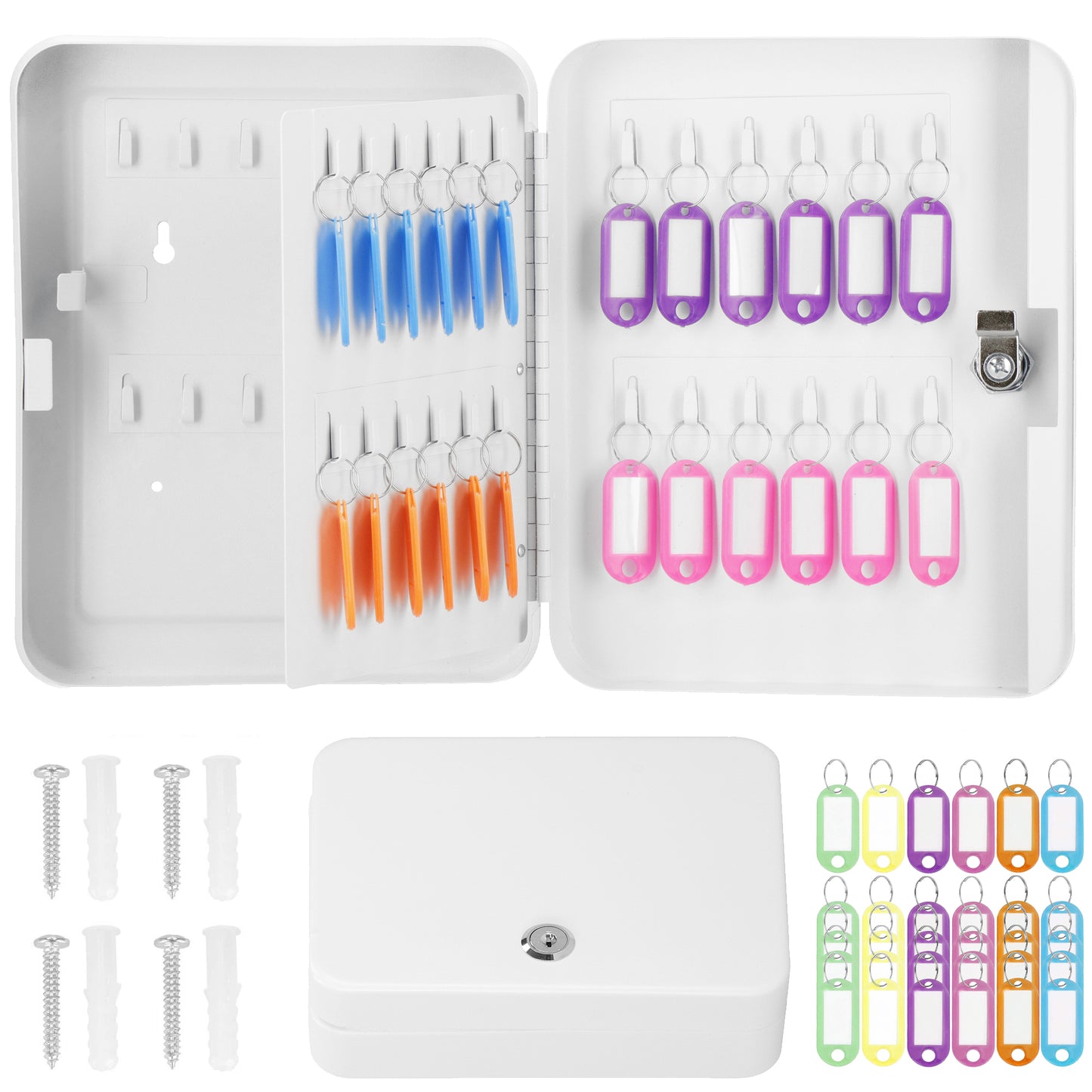 SPRINGOS® Steel Key Box with 48 Keychains – Lockable Wall-Mounted Organizer with Divider & Numbered Labels – White