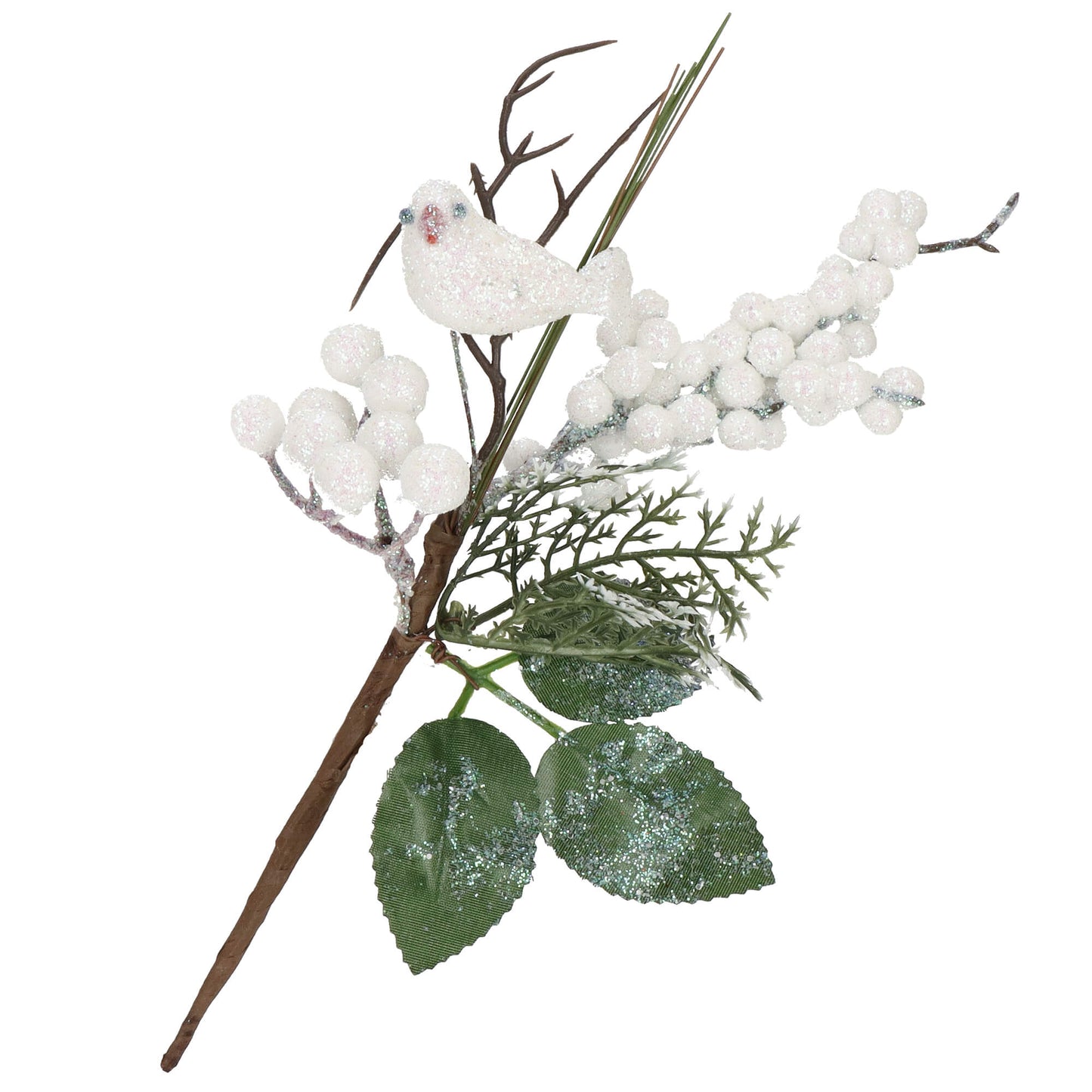 SPRINGOS Classic Mini Christmas Branch Decoration Bouquet, 2 pcs Single-Stem Minimal Arrangement Christmas Decoration Branch Bouquet (Twigs + White Rowan Berries + Evergreen Leaves + Glitter Bird), Unique, 10*5 inches (25*12 cm).