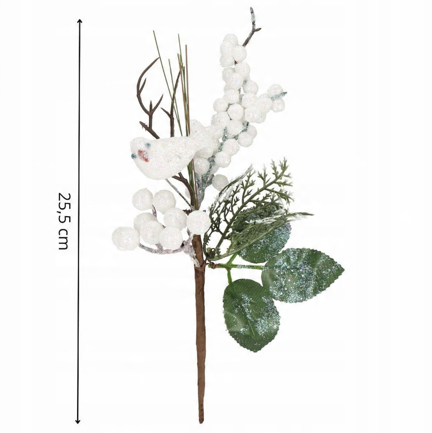 SPRINGOS Classic Mini Christmas Branch Decoration Bouquet, 2 pcs Single-Stem Minimal Arrangement Christmas Decoration Branch Bouquet (Twigs + White Rowan Berries + Evergreen Leaves + Glitter Bird), Unique, 10*5 inches (25*12 cm).