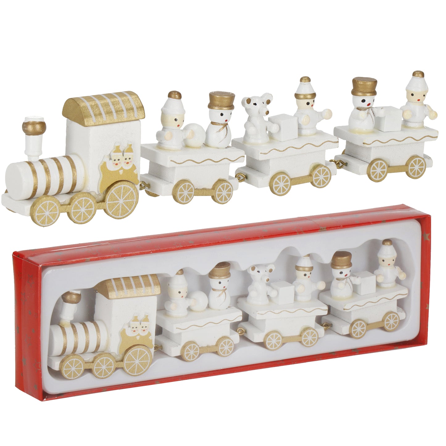 SPRINGOS White Christmas Mini Wooden Train With Wagons. For Tabletop Ornament, Decoration, and Stocking Gifts. 2 Inches(5 cm) High, 8 Inches(21 cm) Long.