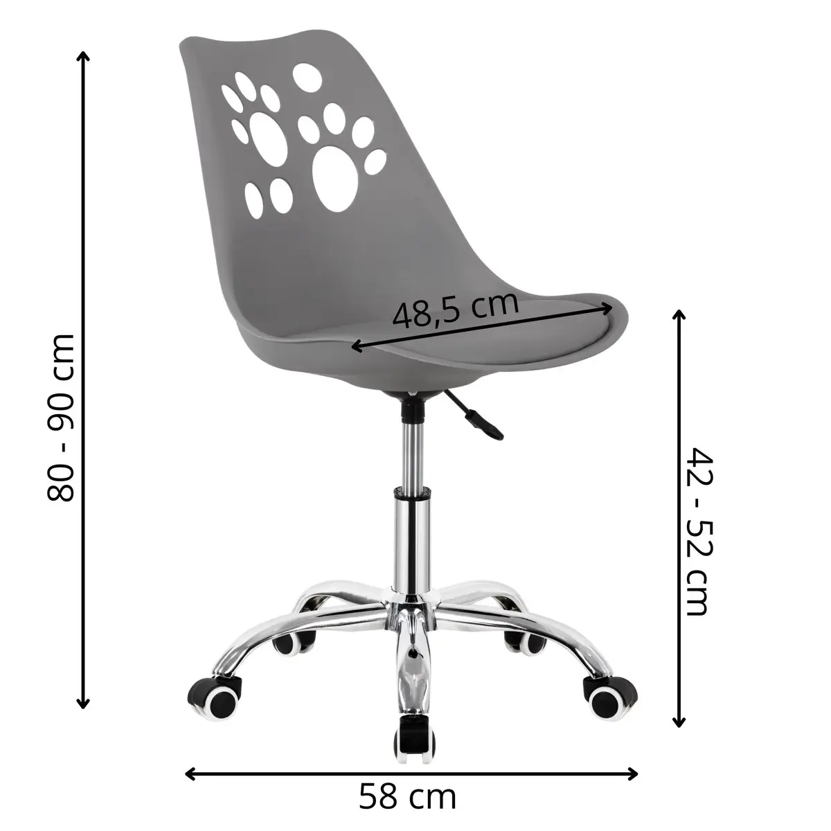 灰色爪印旋转椅尺寸标注图：高80-90cm，座宽48.5cm，底座宽58cm