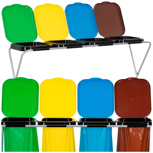 Waste segregation stand JIN-JACK HA1109 — metal frame with 4 colored PP covers (green, yellow, blue, brown), max load 30 kg