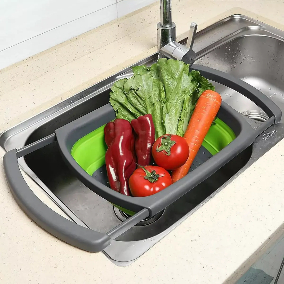 Foldable colander JIN-JACK HA5196 with handles — collapsible kitchen strainer for draining and rinsing