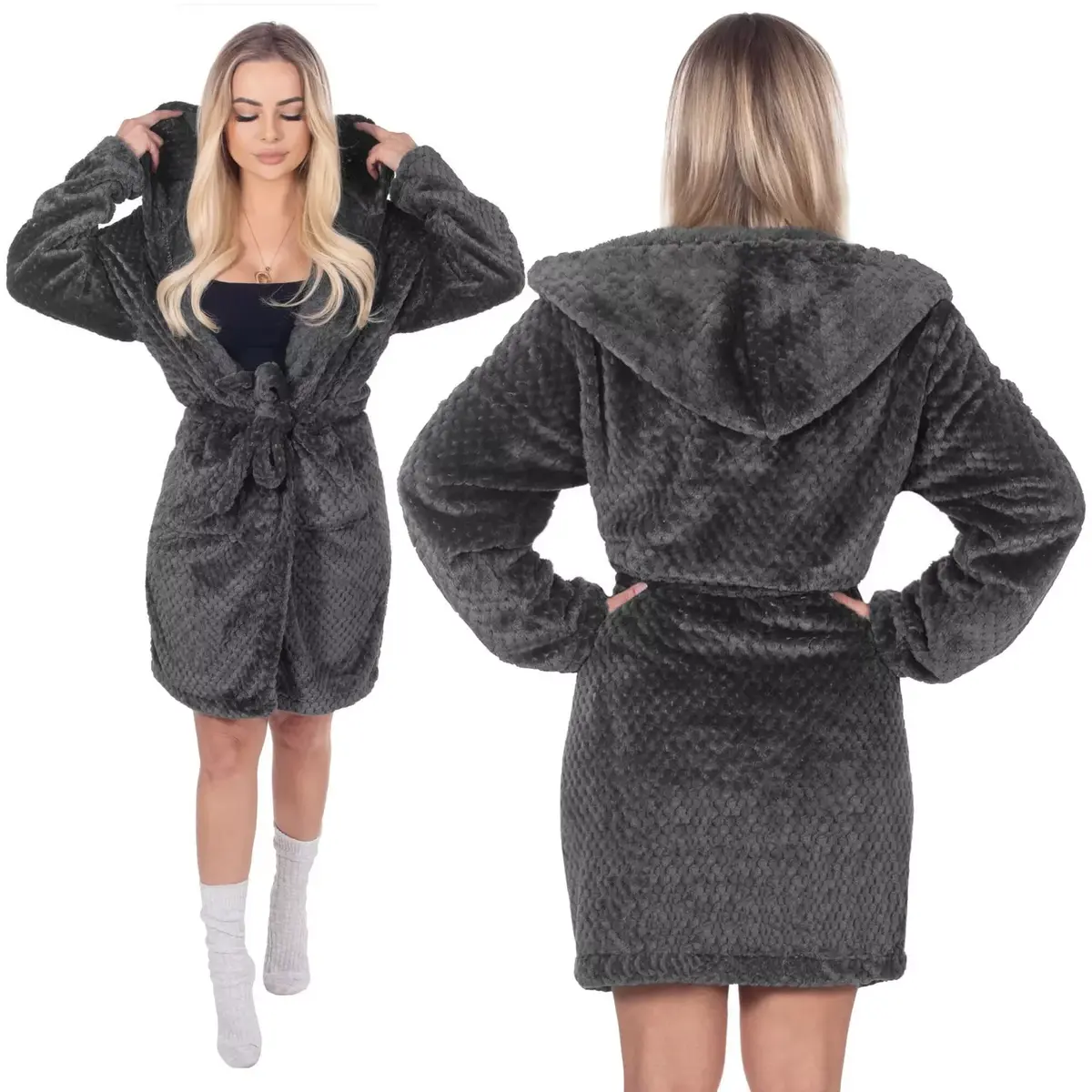 JIN-JACK HA7363 Women’s Hooded Bathrobe, Size S/M, Dark Grey