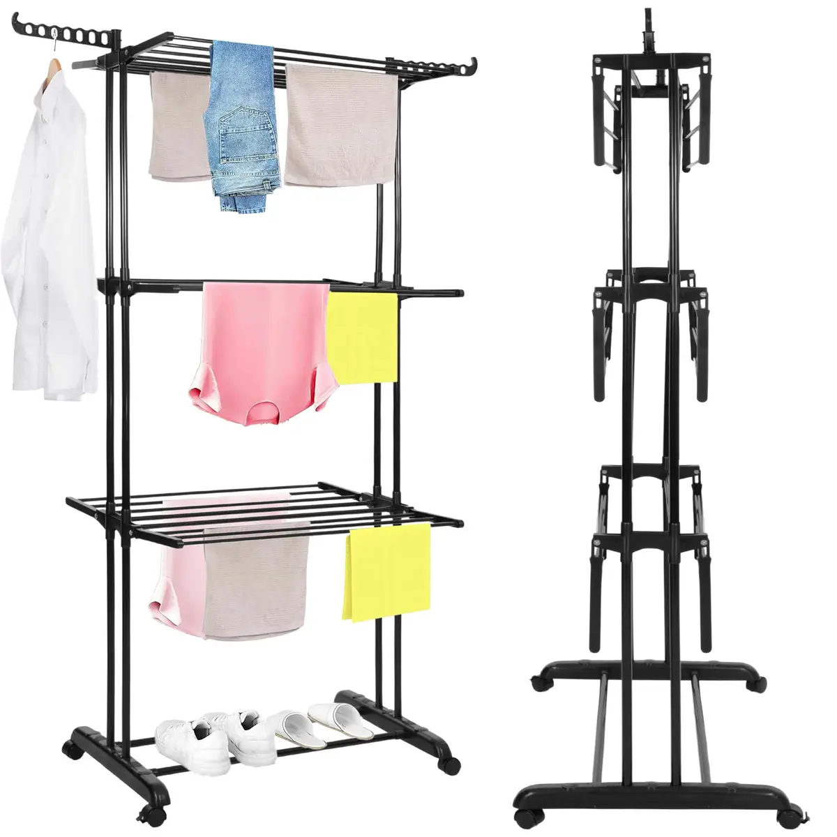Foldable clothes dryer JIN-JACK HA0209, metal/plastic, 3 platforms, 8 rods, 10 kg load, on wheels