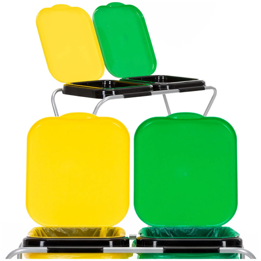 Waste segregation stands JIN-JACK HA1107 — metal frame with 2 compartments, PP lids in green and yellow, max load 20 kg