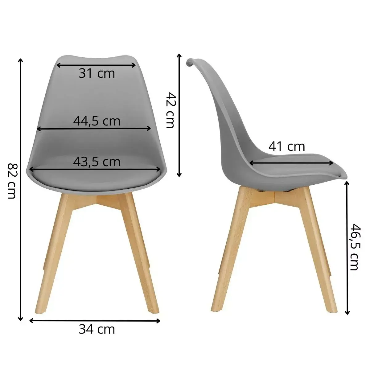 灰色北欧风餐椅尺寸标注图：高82cm，座宽44.5cm，座淰46.5cm