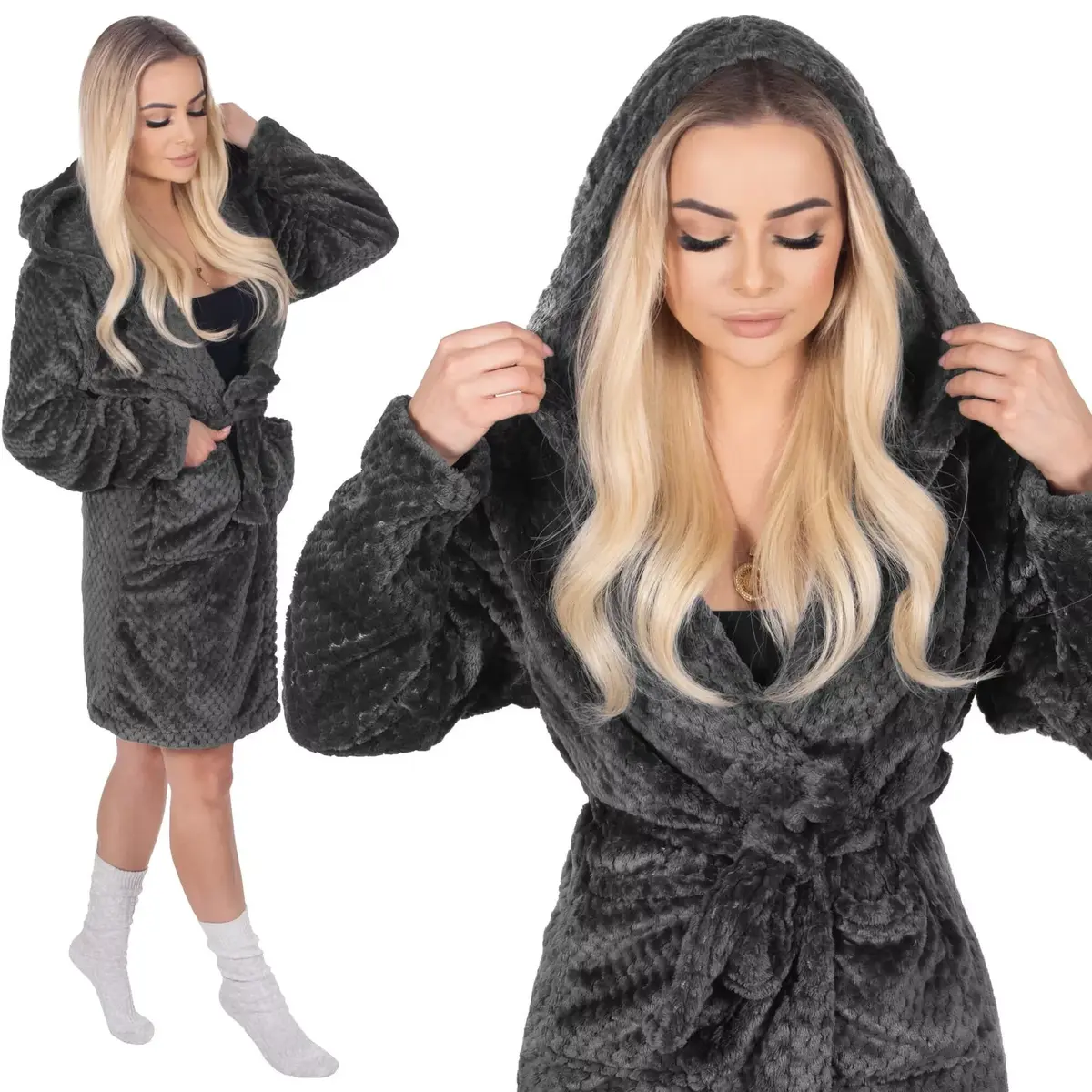 JIN-JACK HA7363 Women’s Hooded Bathrobe, Size S/M, Dark Grey