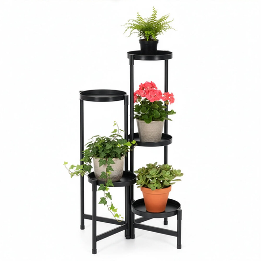 Metal flower stand JIN-JACK GA0218, 78.5 cm, 5-tier black multi-level plant shelf, 48×48 cm, max load 20 kg