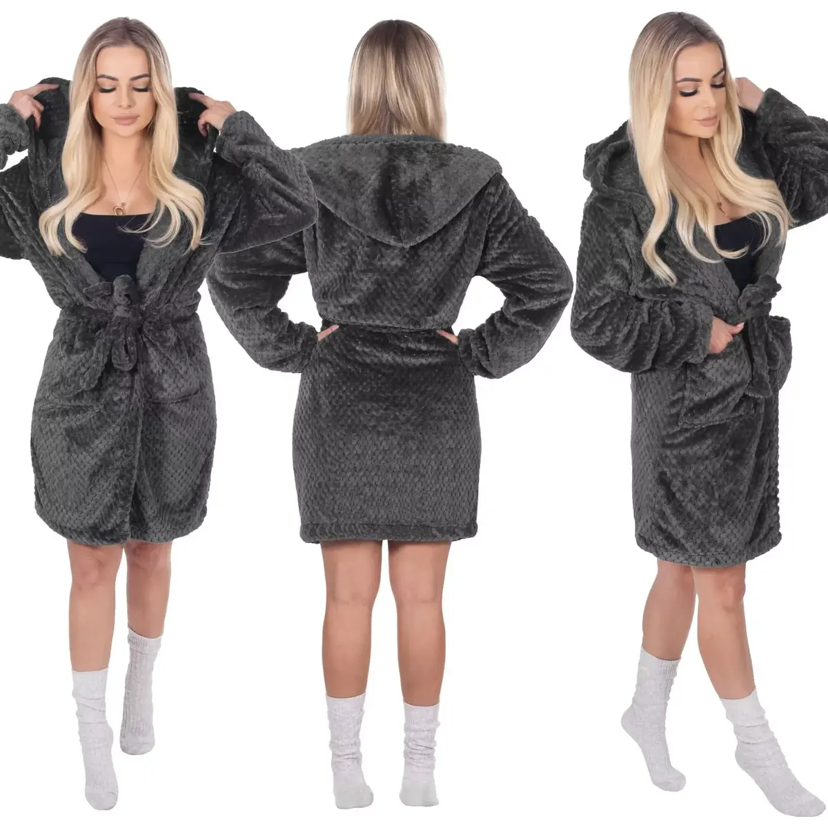 JIN-JACK HA7363 Women’s Hooded Bathrobe, Size S/M, Dark Grey