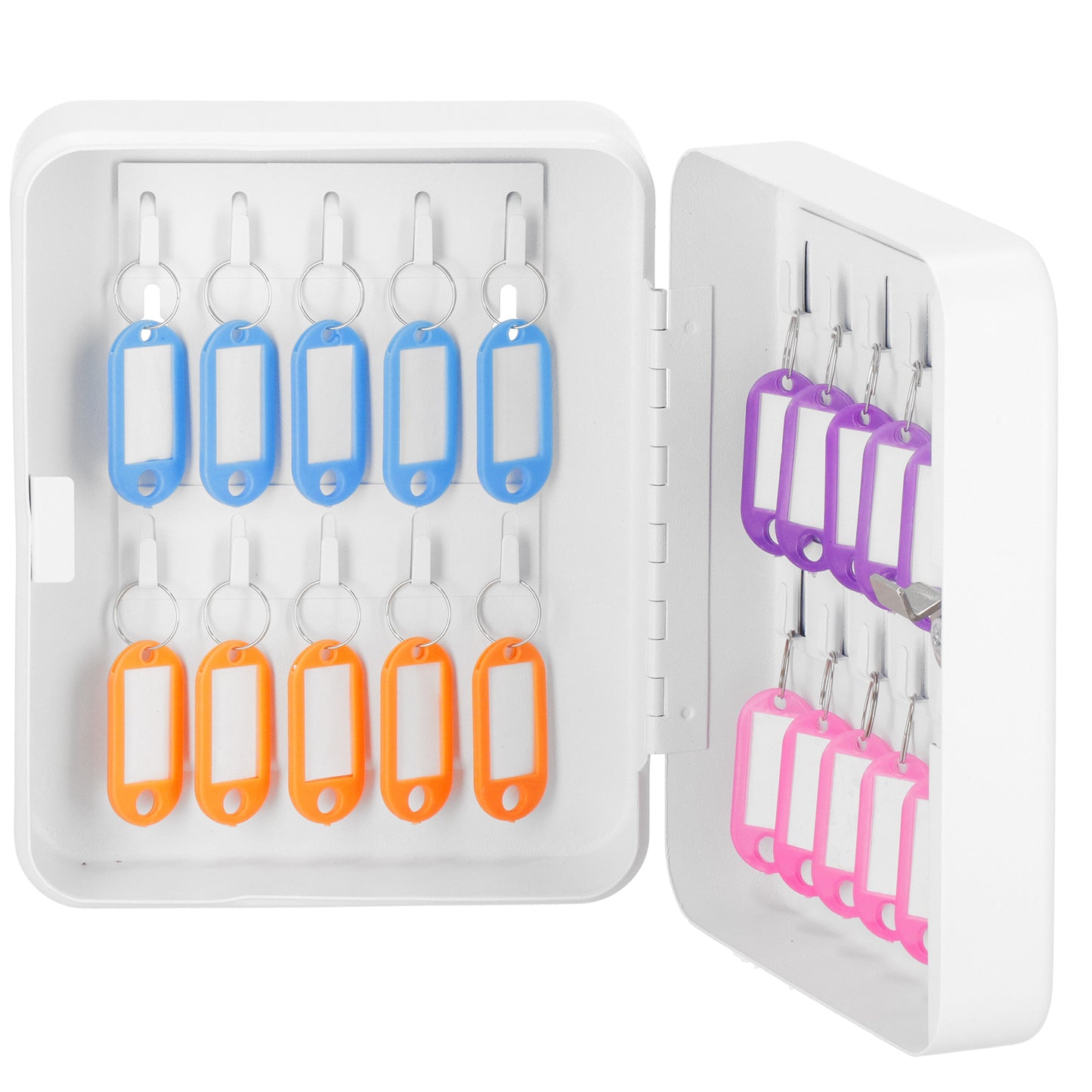 SPRINGOS® Key Box with 20 Keychains – Steel Wall-Mounted Organizer with Lock & Numbered Labels – White.