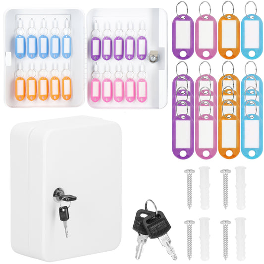 SPRINGOS® Key Box with 20 Keychains – Steel Wall-Mounted Organizer with Lock & Numbered Labels – White.