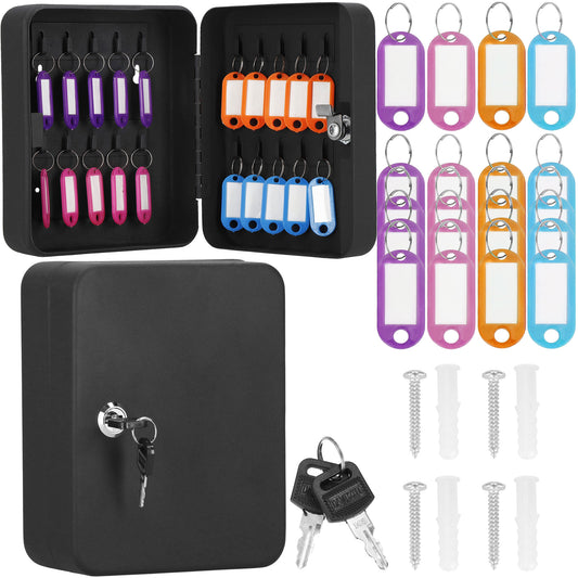 SPRINGOS® Key Box with 20 Keychains – Steel Wall-Mounted Organizer with Lock & Numbered Labels – Black.