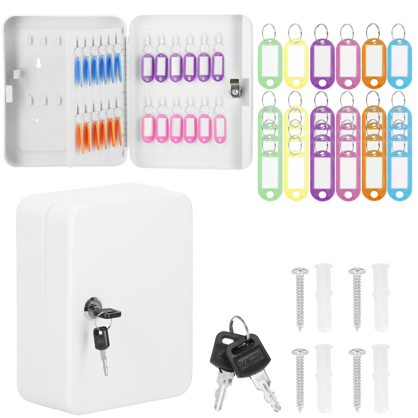 SPRINGOS® Steel Key Box with 48 Keychains – Lockable Wall-Mounted Organizer with Divider & Numbered Labels – White