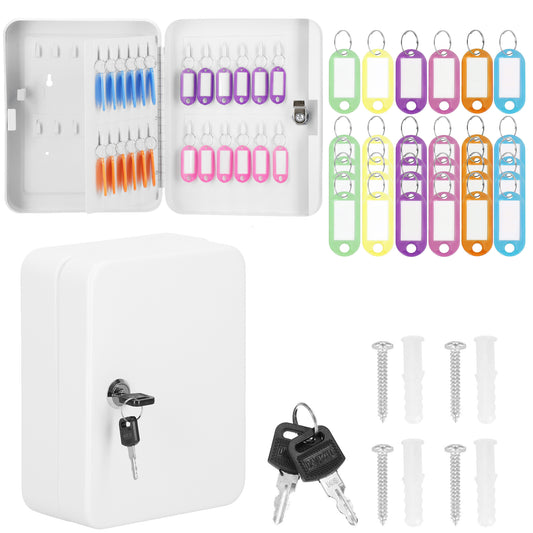 SPRINGOS® Steel Key Box with 48 Keychains – Lockable Wall-Mounted Organizer with Divider & Numbered Labels – White