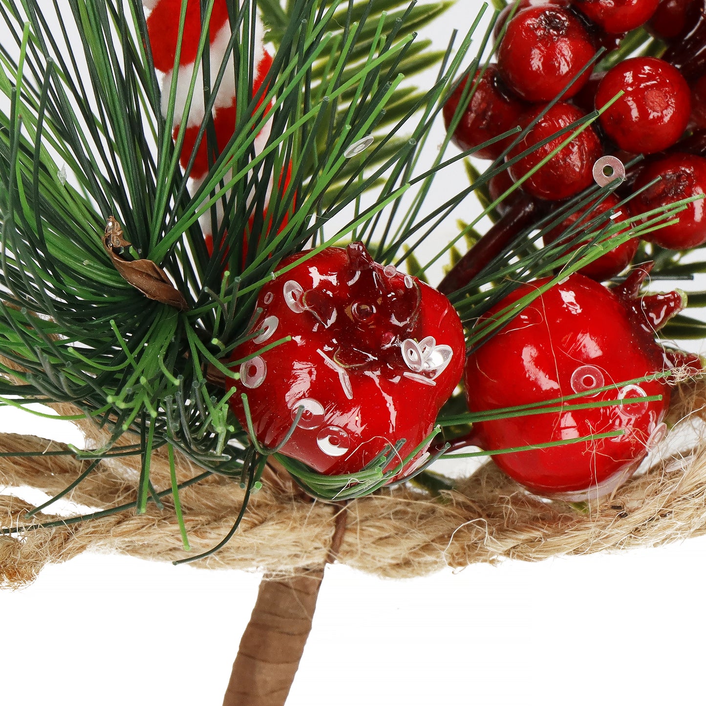 SPRINGOS Classic Mini Christmas Branch Decoration Bouquet (Christmas tree branch + apples + rowan berries + candy candle), Rustic And Natural, 10*5 inches (24*12 cm).