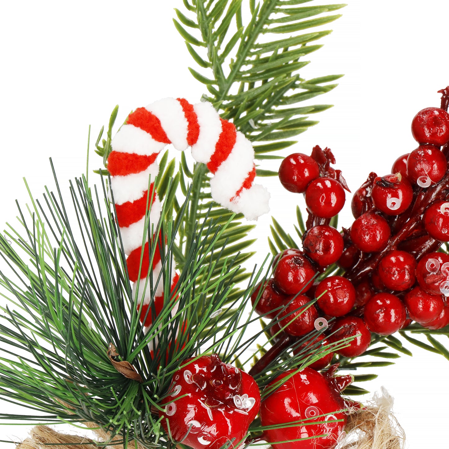 SPRINGOS Classic Mini Christmas Branch Decoration Bouquet (Christmas tree branch + apples + rowan berries + candy candle), Rustic And Natural, 10*5 inches (24*12 cm).