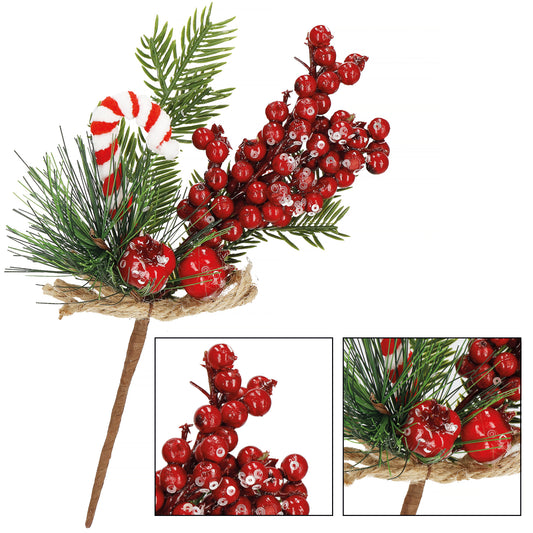 SPRINGOS Classic Christmas Branch Decoration Bouquet (Christmas tree branch + apples + rowan berries + candy candle), Rustic And Natural, 10*5 inches (24*12 cm).