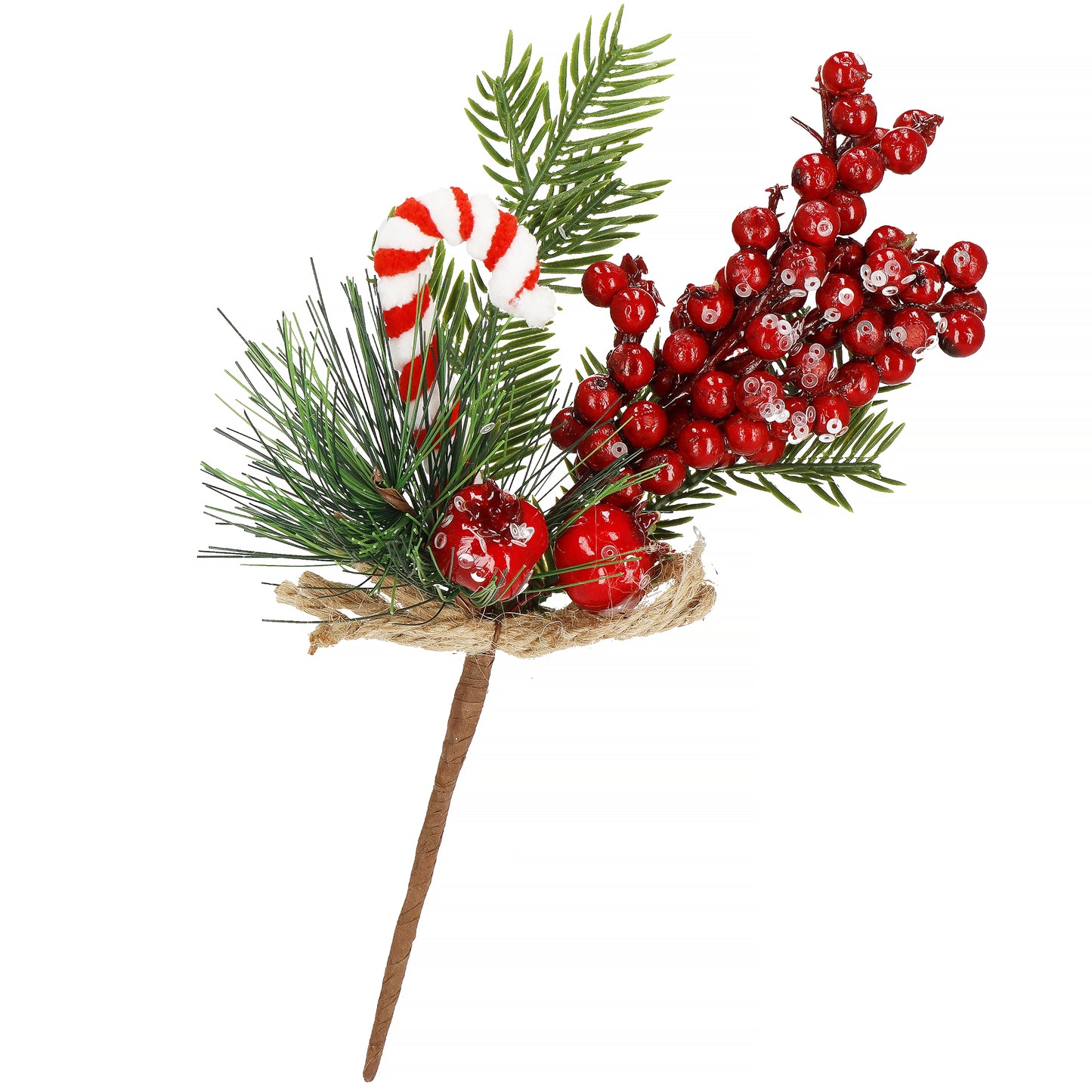 SPRINGOS Classic Mini Christmas Branch Decoration Bouquet (Christmas tree branch + apples + rowan berries + candy candle), Rustic And Natural, 10*5 inches (24*12 cm).