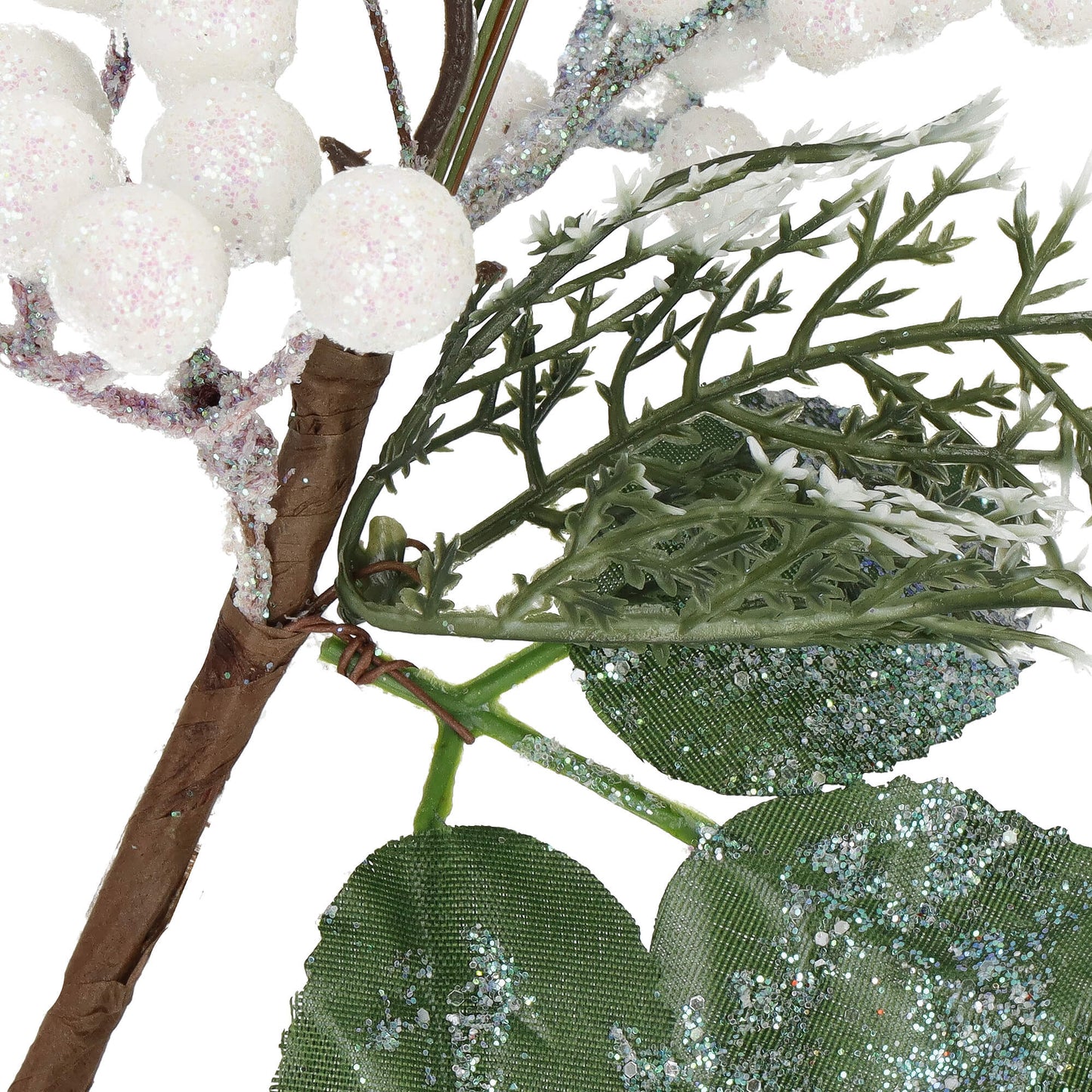 SPRINGOS Classic Mini Christmas Branch Decoration Bouquet, 2 pcs Single-Stem Minimal Arrangement Christmas Decoration Branch Bouquet (Twigs + White Rowan Berries + Evergreen Leaves + Glitter Bird), Unique, 10*5 inches (25*12 cm).
