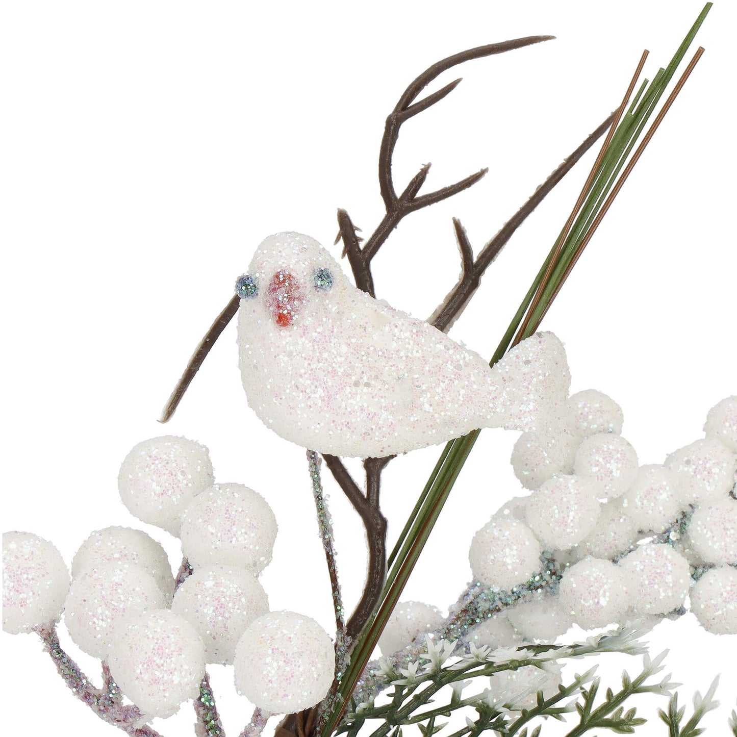 SPRINGOS Classic Mini Christmas Branch Decoration Bouquet, 2 pcs Single-Stem Minimal Arrangement Christmas Decoration Branch Bouquet (Twigs + White Rowan Berries + Evergreen Leaves + Glitter Bird), Unique, 10*5 inches (25*12 cm).