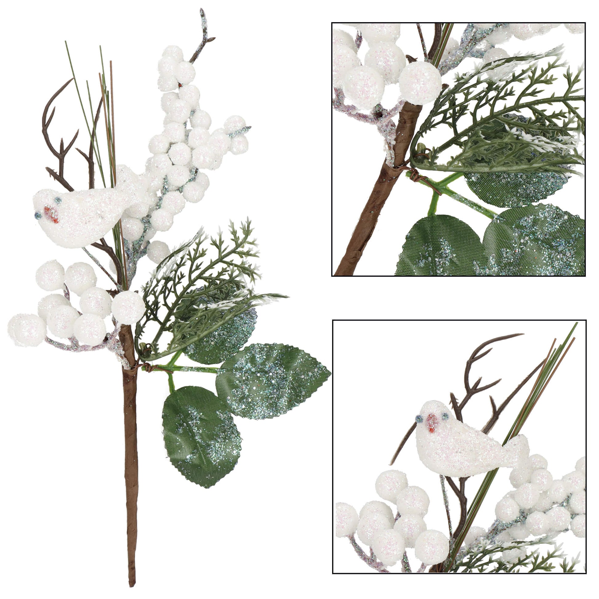 SPRINGOS Single-Stem Minimal Arrangement Christmas Decoration Branch Bouquet (Twigs + White Rowan Berries + Evergreen Leaves + Glitter Bird), Unique, 10*5 inches (25*12 cm).