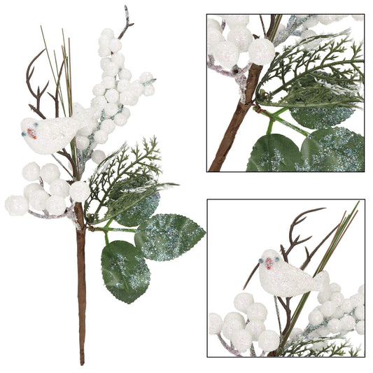 SPRINGOS Single-Stem Minimal Arrangement Christmas Decoration Branch Bouquet (Twigs + White Rowan Berries + Evergreen Leaves + Glitter Bird), Unique, 10*5 inches (25*12 cm).